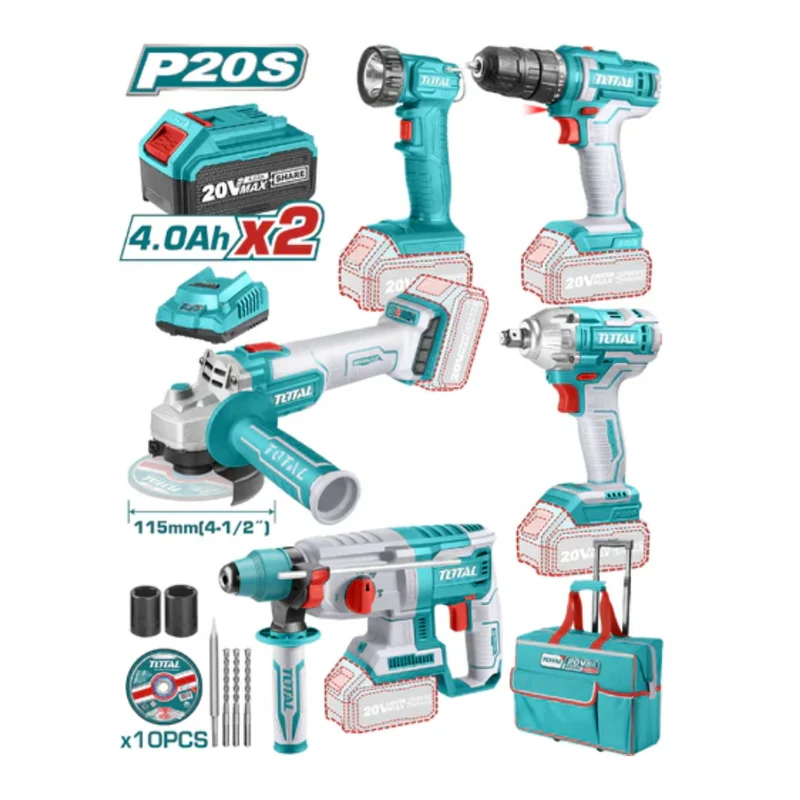 Total Combo Llave de Impacto + Taladro Inalámbrico + Martillo Rotativo + Amoladora, UTCKLI2019