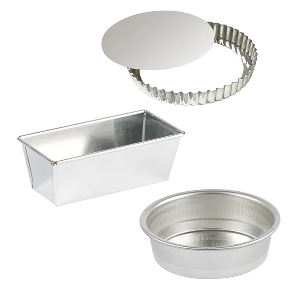 Lot moule à cake rectangulaire, moule rond 28 cm et tourtière 32 cm en fer blanc Gobel