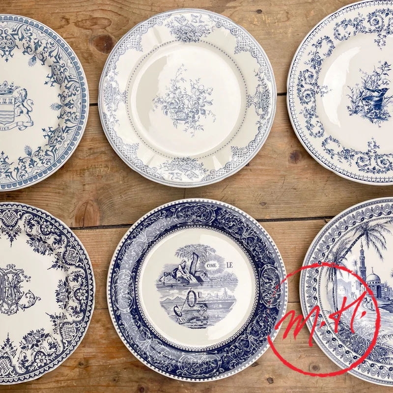 6 assiettes plates dépareillées bleues - Gien