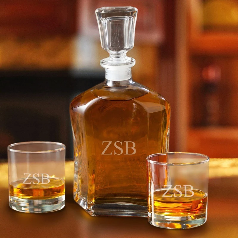 Decanter Set with 2 Low Ball Glasses - Personalized with Initials