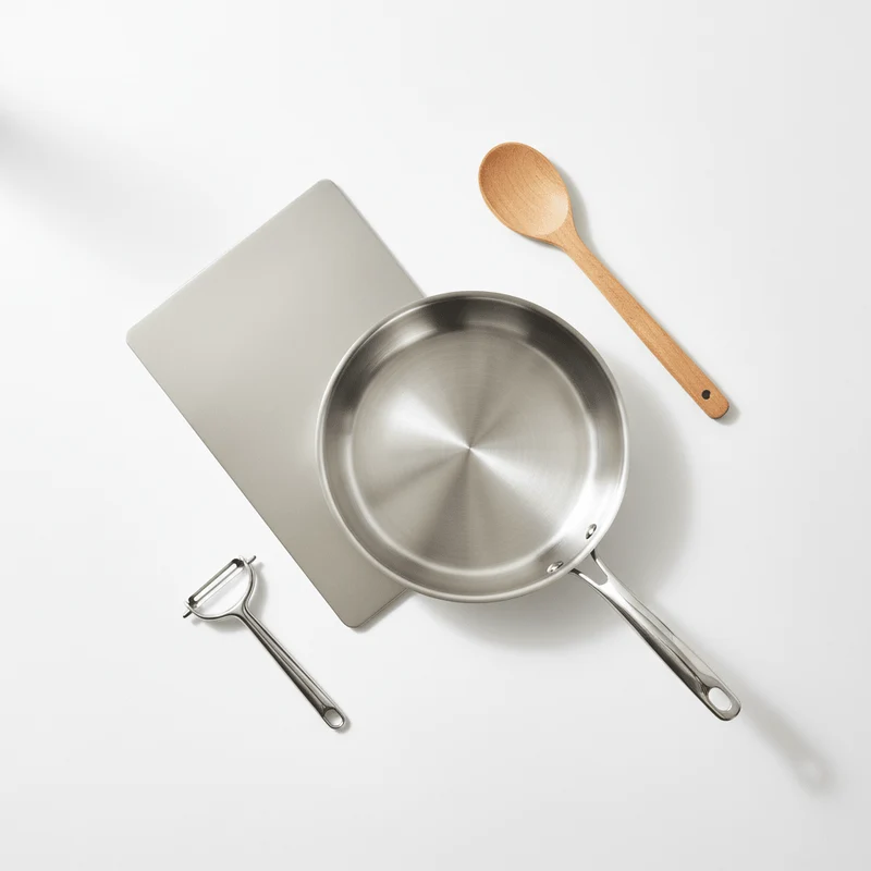 Kit Débutant Cuisine Saine | Poêle Inox 24cm + Planche + Ustensiles Bois