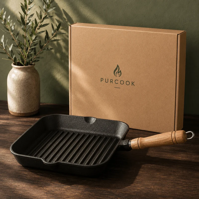 Poêle Grill Fonte Carrée 24cm - Rainures Profondes Sans Revêtement Chimique