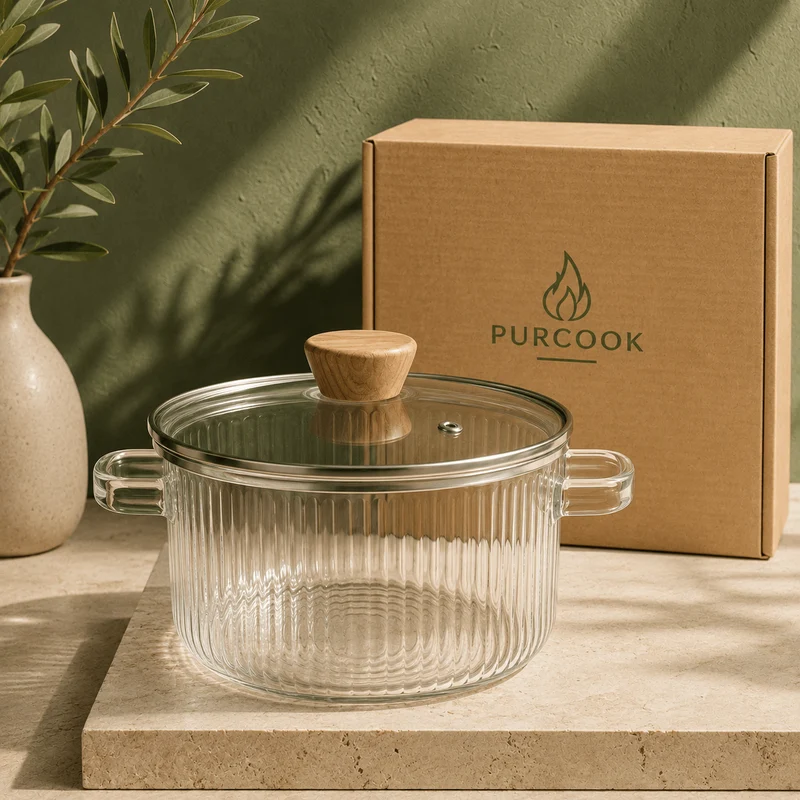 Marmite en Verre Borosilicate et bois- Cuisson Saine