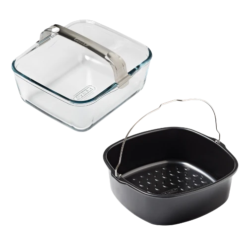 Lot de 2 plats air fryer avec poignée verre et métal