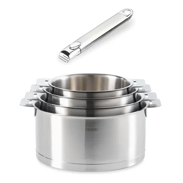 Lot 4 casseroles inox Strate 14, 16, 18 et 20 cm et manche amovible Cristel