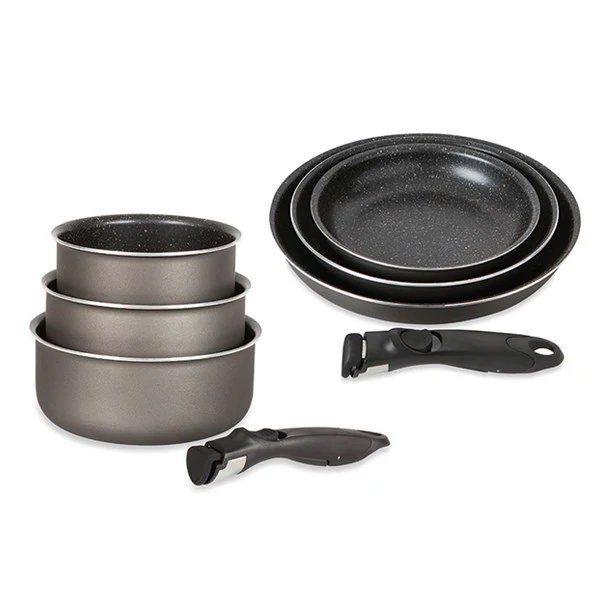 Lot 3 casseroles et 3 poêles anti-adhésives Effet Pierre et 2 manches amovibles Mathon