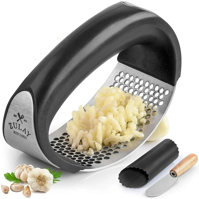 Zulay Garlic Press Rocker With Silicone Peeler & Scraper Set, Black