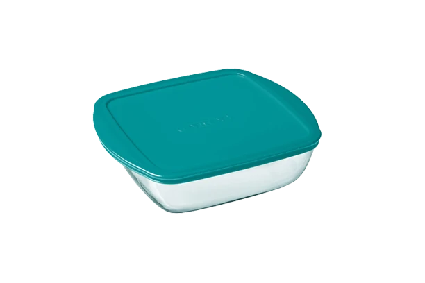Cook & Store - Plat carré en verre avec couvercle bleu canard
