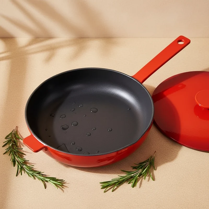 Poêle en fonte émaillée noire avec couvercle - 26 cm