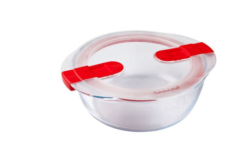 Cook&Heat - Plat rond en verre avec couvercle à valves vapeur