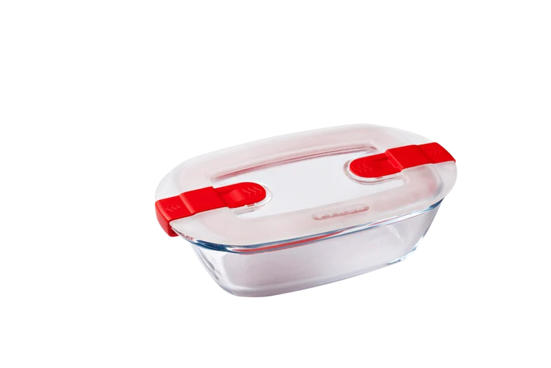 Cook&Heat - Plat rectangulaire en verre avec couvercle à valves vapeur