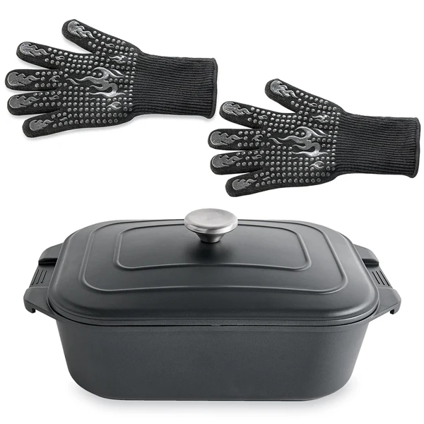 Lot cocotte légère rectangulaire 7,7 L en fonte d’aluminium 34,5 cm et 2 gants antichaleur grand modèle Mathon