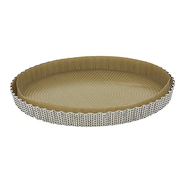 Moule à tarte amovible 28 cm inox perforé et feuille de cuisson antiadhésive De Buyer