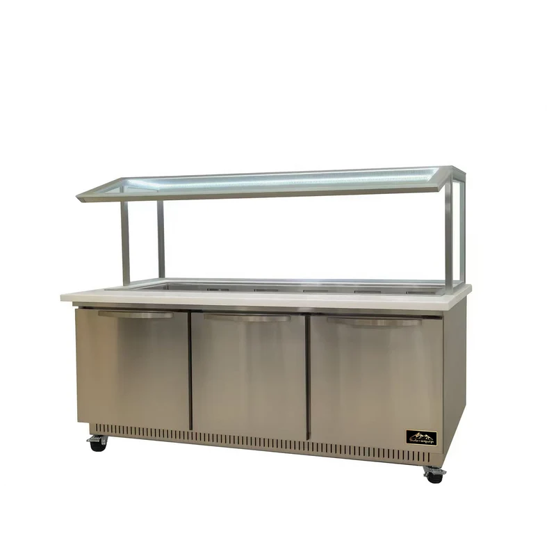 Sub-equip, CSSU-72M-SV, 72" salad and sandwich Prep Table with Glass Sneeze Guard, Quartz stone countertop