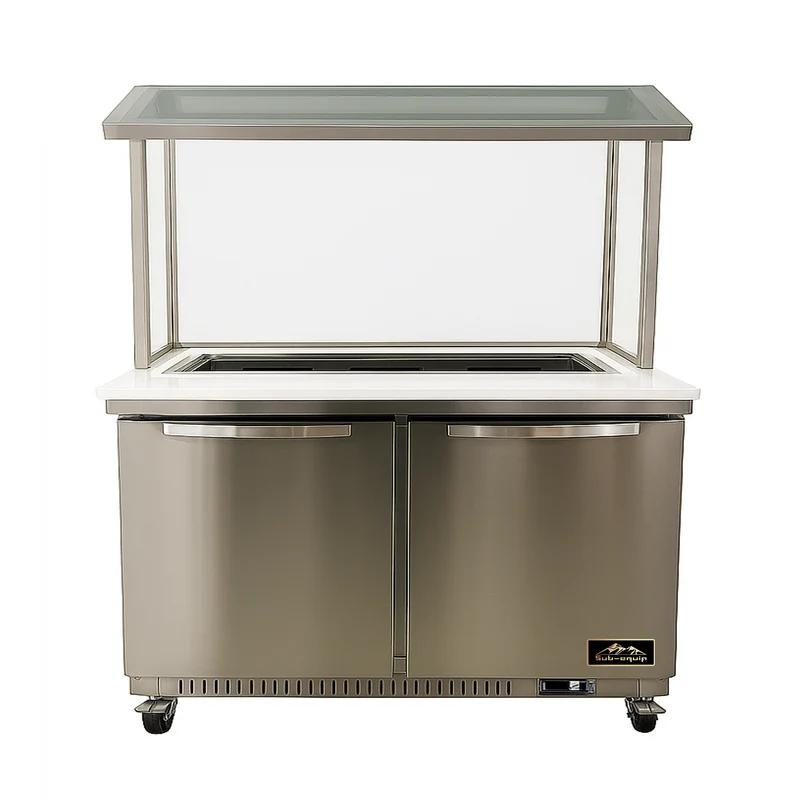Sub-equip, CSSU-48M-SV, 48" salad and sandwich Prep Table with Glass Sneeze Guard, Quartz stone countertop
