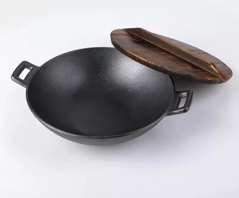 CHEFCO,IBS-26W, 26CM/10.2" Cast Iron Flat Bottom Serving Pot With Double Handle & Wood Cover