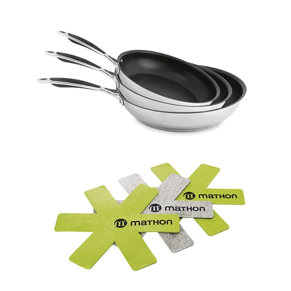 Lot 3 poêles inox antiadhérentes Excell'Inox 20, 24 et 28 cm et 3 feutrines Mathon
