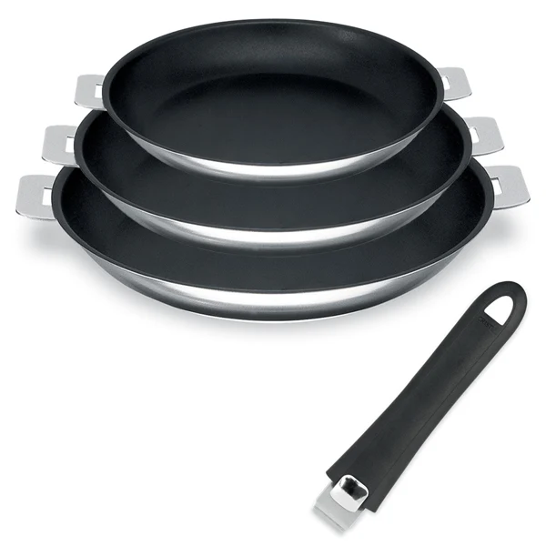 Lot 3 poêles inox antiadhérentes Mutine 20, 24 et 26 cm et manche amovible Cristel Cristel