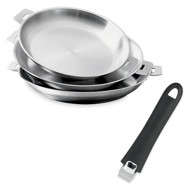 Lot 3 poêles tout inox Mutine 20, 24 et 28 cm et manche amovible Cristel