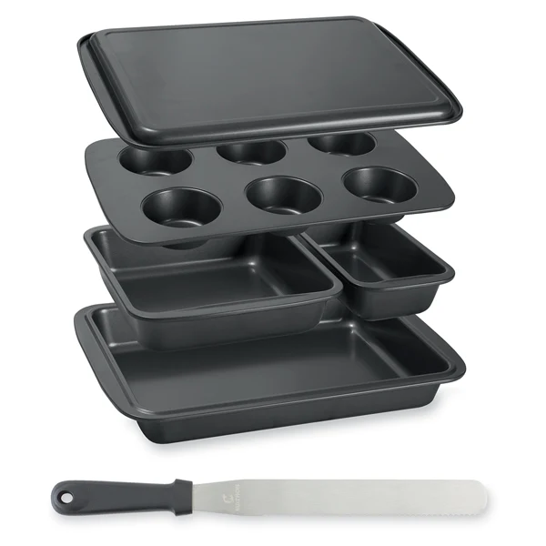 Lot de 5 moules à gâteau empilables en acier antiadhérent et d’un couteau à génoise spatule à glaçage Mathon