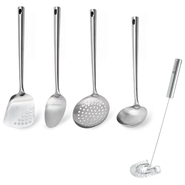 Lot de 4 ustensiles avec louche, cuillère, spatule, écumoire et d’un fouet magique à spirale 30 cm en inox Mathon