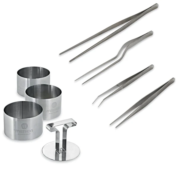 Lot de 4 pinces à dresser de précision et de 3 cercles de présentation avec poussoir en inox Mathon