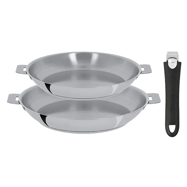 Lot 2 poêles tout inox Mutine 24 et 28 cm et manche amovible Cristel