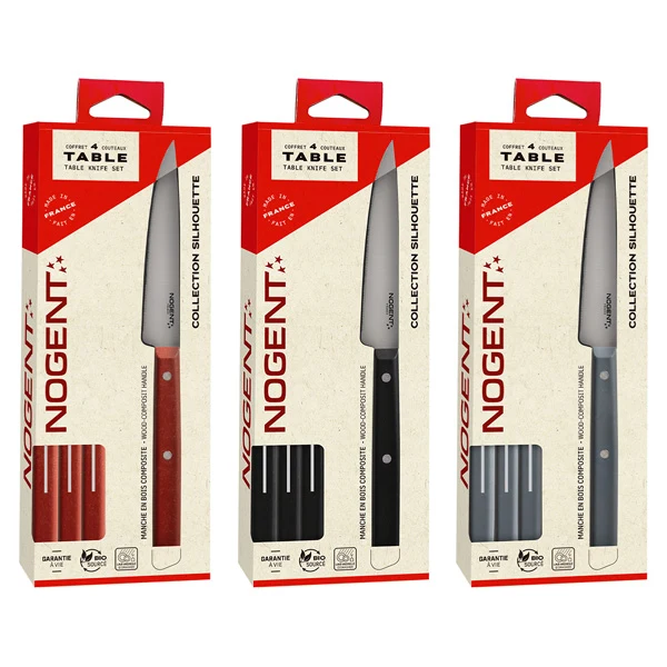 Lot de 3 coffrets de 4 couteaux de table Silhouette rouge vin, bleu-gris et noir Nogent