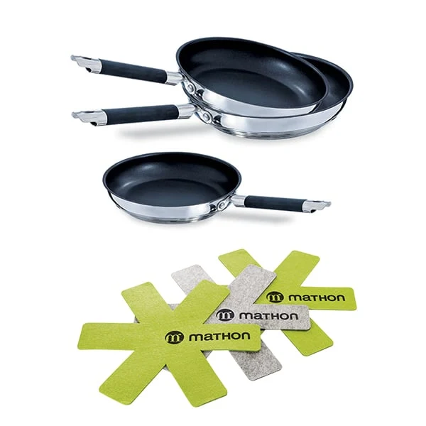 Lot 3 poêles inox anti-adhérentes Rapid Cook 20, 24 et 28 cm et 3 feutrines Mathon