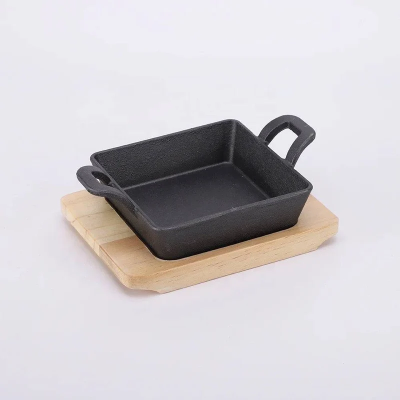 CHEFCO,YY085-1,Square mini Cast Iron Platter with wooden base, 4.9"x 4.9" (12.5 cm x 12.5 cm)