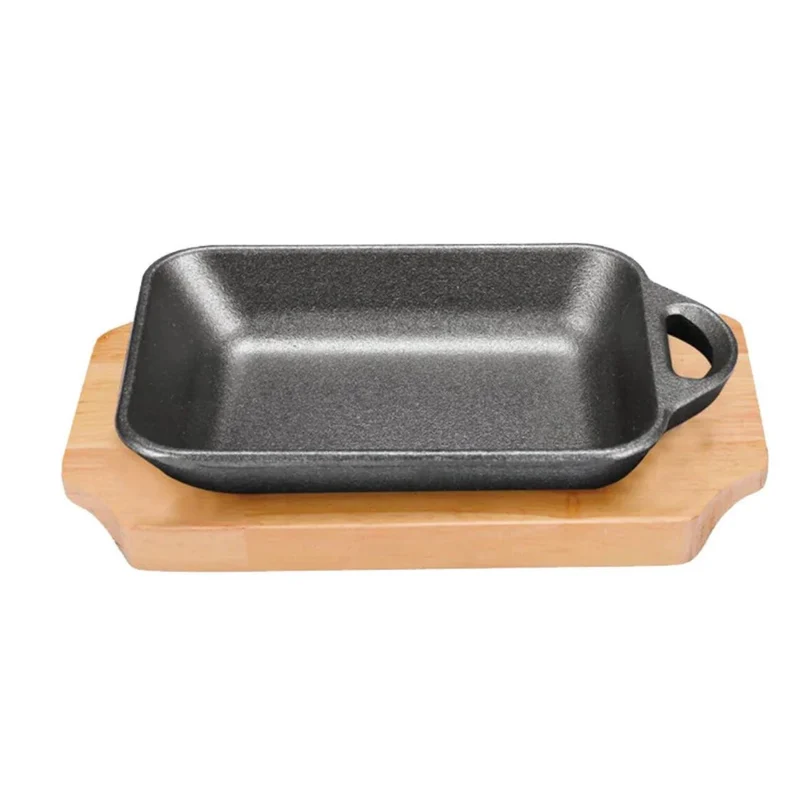 CHEFCO,YY8021,Rectangular mini Cast Iron Platter with wooden base, 5.5" x 4" (or 14 cm x 10 cm)