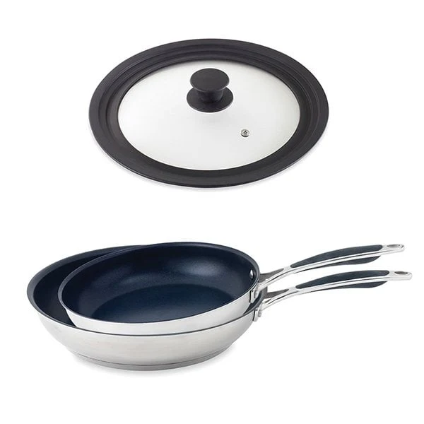 Lot 2 poêles inox antiadhérentes Excell'Inox 24 et 28 cm et couvercle multidiamètre Mathon
