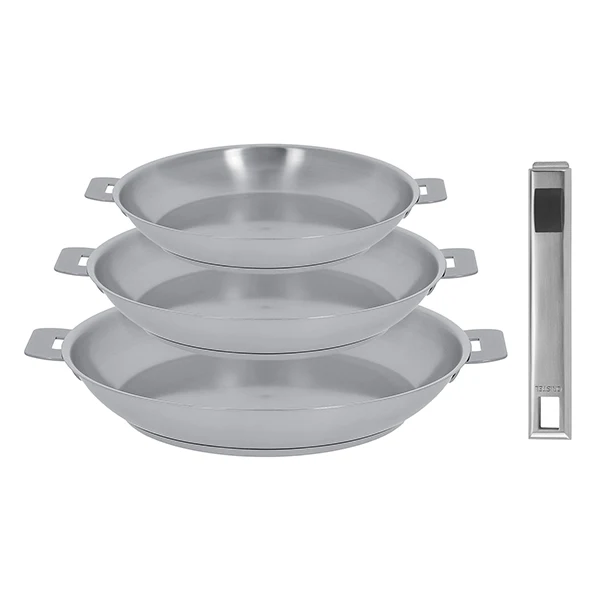 Lot 3 poêles tout inox Strate 20, 24 et 28 cm et manche amovible Cristel