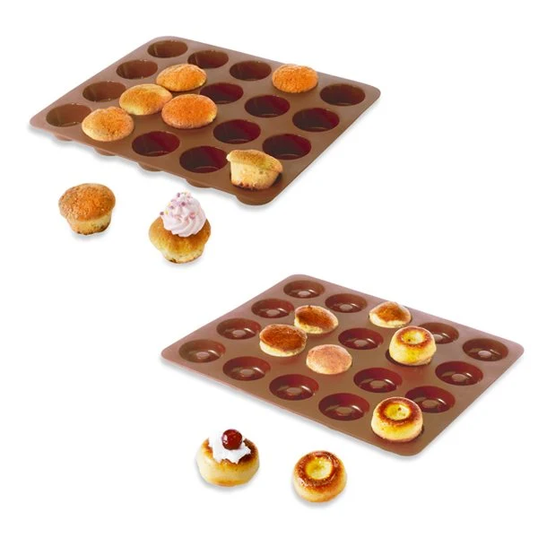 Lot de 2 Flexi'Plaques en silicone - 20 mini-muffins et 20 mini-savarins Mathon