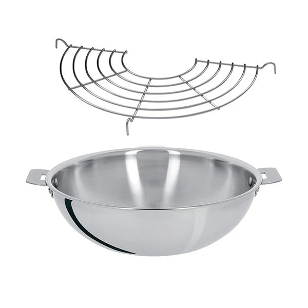 Lot wok tout inox sans manche et grille Casteline 28 cm Cristel