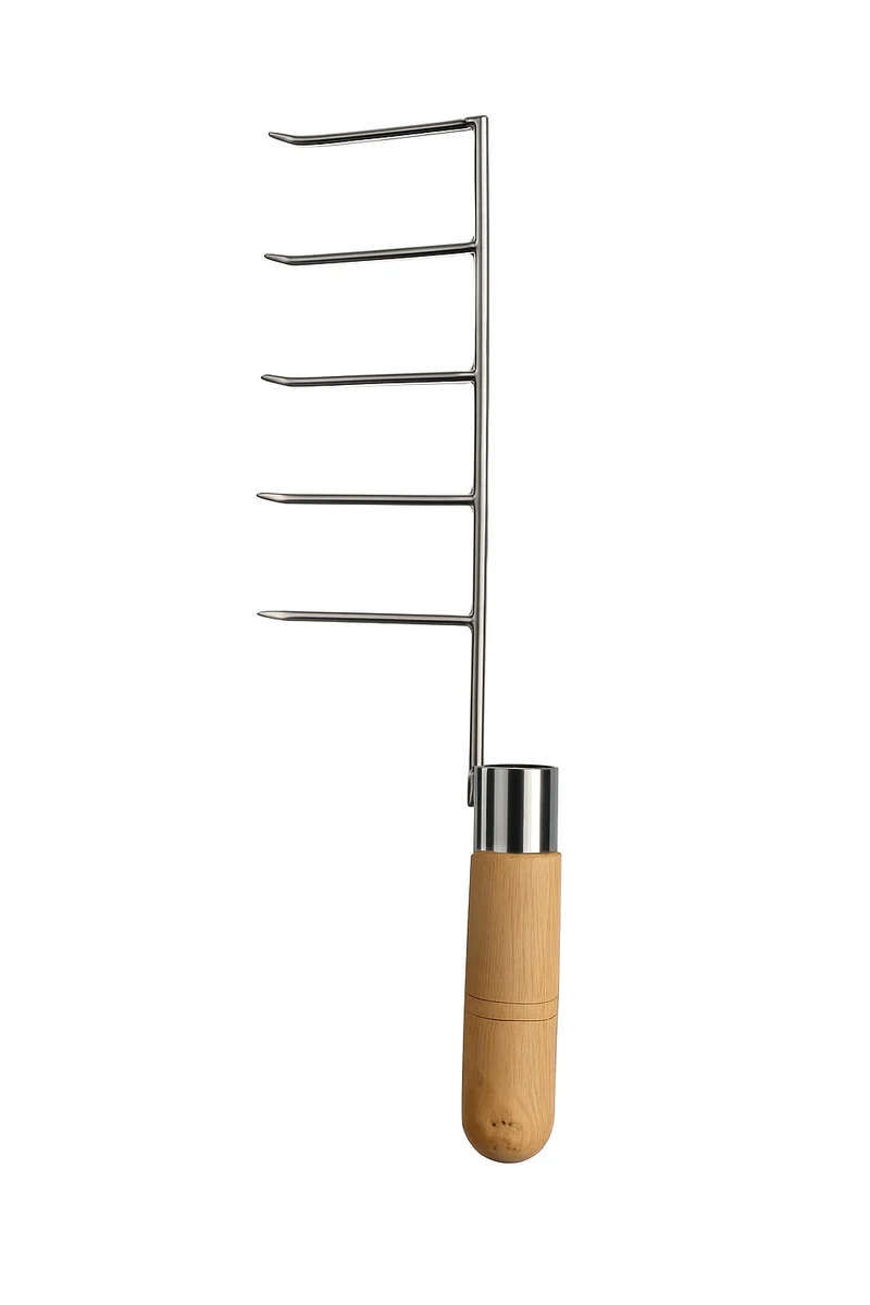 Chefco, FCH-5,17" Long -Wooden Handle Stainless Steel BBQ Meat Fork – 5-Prong Grill Turner Tool
