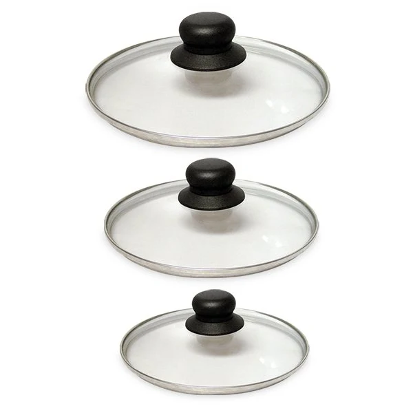 Lot 3 couvercles en verre cerclés inox 16, 18 et 20 cm