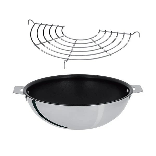 Lot wok inox antiadhérent sans manche et grille Casteline 28 cm Cristel