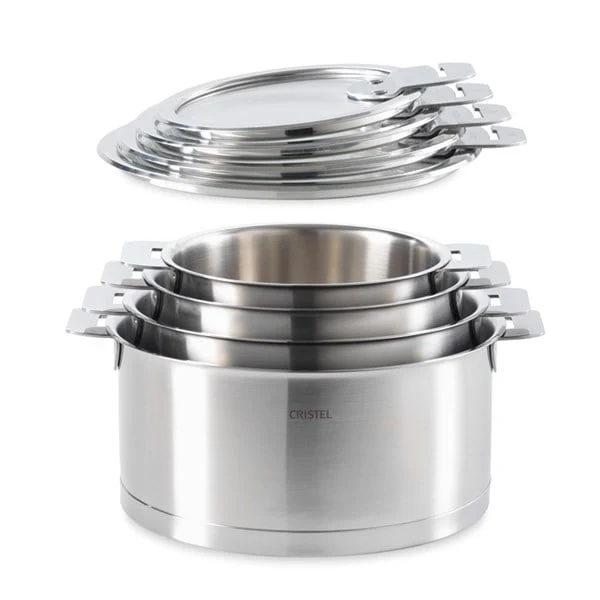 Lot 4 casseroles inox Strate sans manche 14, 16, 18 et 20 cm et 4 couvercles Cristel