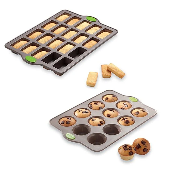 Lot plaque 20 financiers et plaque 12 muffins en silicone structure acier Rigiflex Mathon