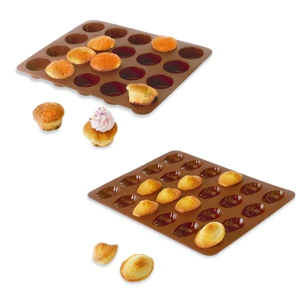 Lot de 2 Flexi'Plaques en silicone - 20 mini-muffins et 24 mini-madeleines Mathon