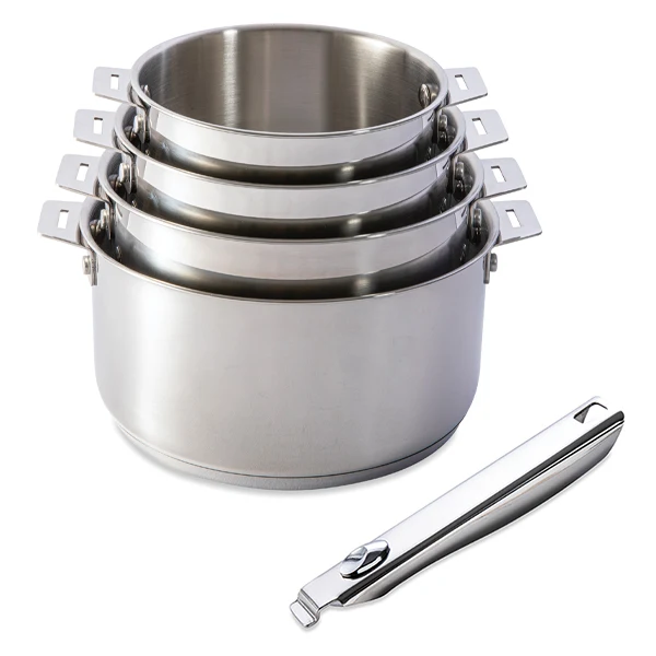 Lot 4 casseroles tout inox Clips’Inox 14, 16, 18 et 20 cm et manche amovible Mathon