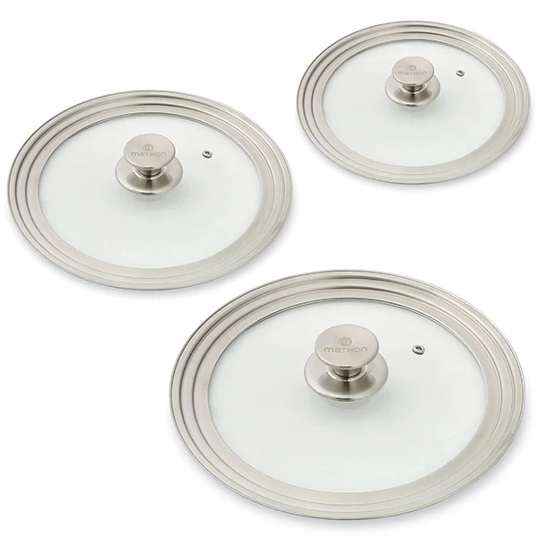 Lot 3 couvercles en verre et inox multidiamètre 16, 18, 20 cm + 24, 26, 28 cm + 28, 30 et 32 cm Mathon