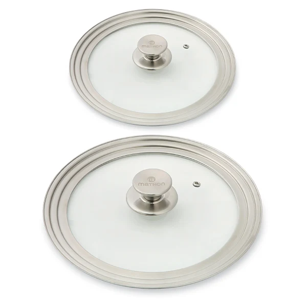 Lot 2 couvercles en verre et inox multidiamètre 16,18 et 20 cm et 24, 26 et 28 cm Mathon