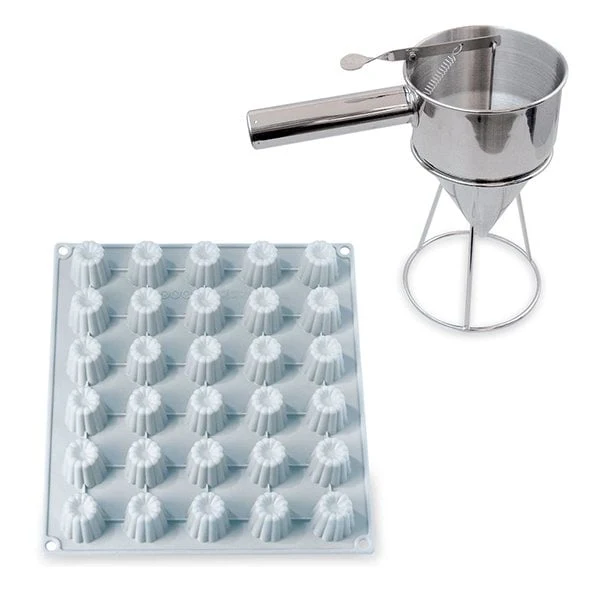 Lot Flexi'Plaque silicone 30 mini-canelés et entonnoir à piston pro Mathon