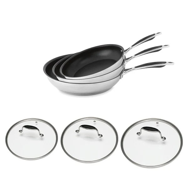 Lot 3 poêles inox antiadhérentes Excell'Inox 20, 24 et 28 cm et 3 couvercles en verre Mathon