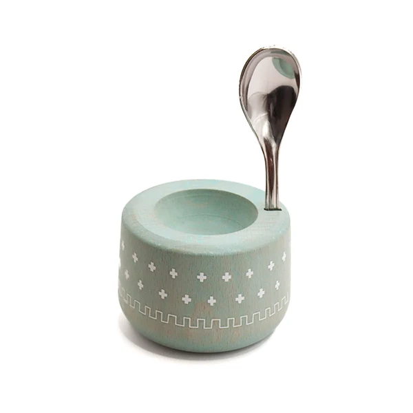Coffret coquetier et cuillère Piou chevalier vert d’eau Roger Orfèvre
