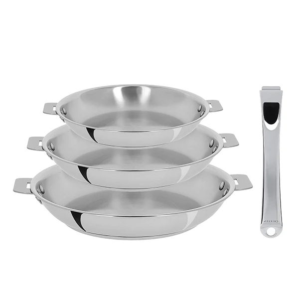 Lot 3 poêles tout inox Casteline 20, 24 et 28 cm et manche amovible Cristel