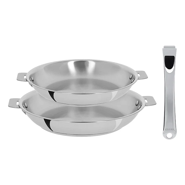 Lot 2 poêles tout inox Casteline 24 et 28 cm et manche amovible Cristel