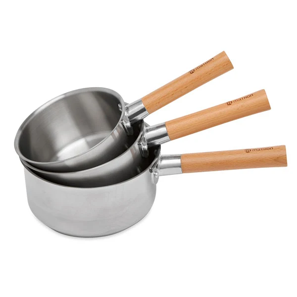Lot 3 casseroles inox manche bois Natural’Inox 16, 18 et 20 cm Mathon